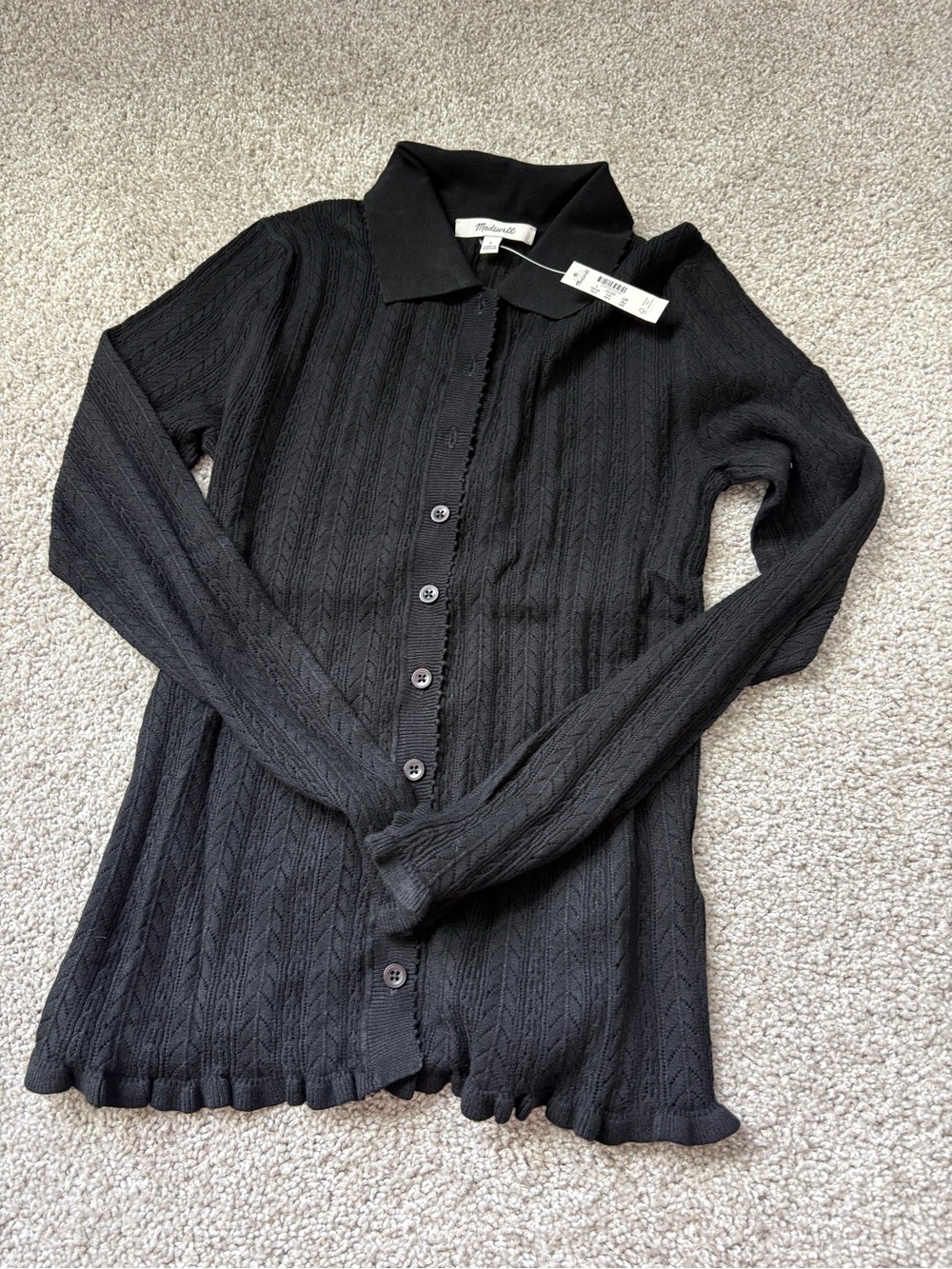Madewell Black Ribbed Knit Button-Down Collared Top
